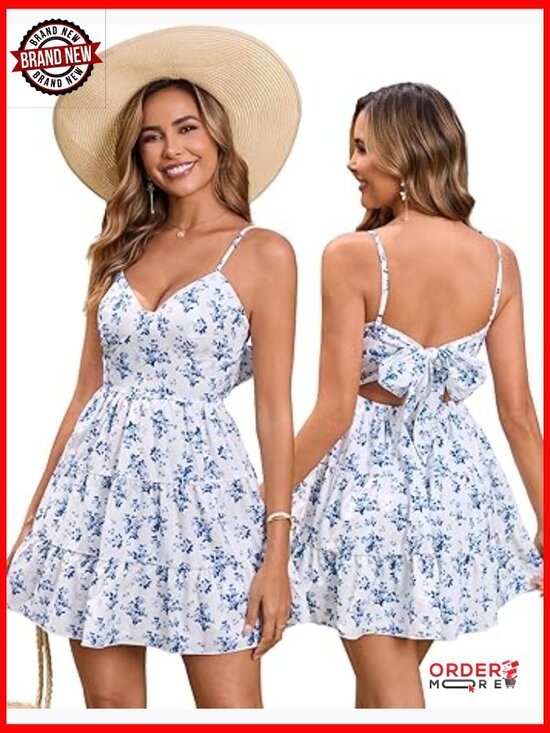 Dresses & Skirts - Women Casual Summer Sundress Flowy V Neck Bow Tie Backless Boho Beach Mini Dress